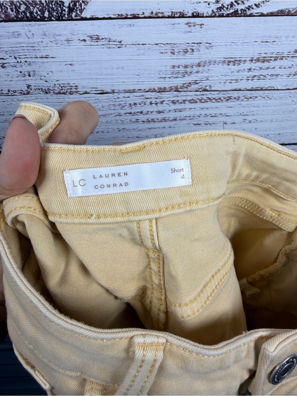 LC Lauren Conrad High Rise Button Fly Distressed Cutoff Shorts Yellow Size 4 - Picture 7 of 7